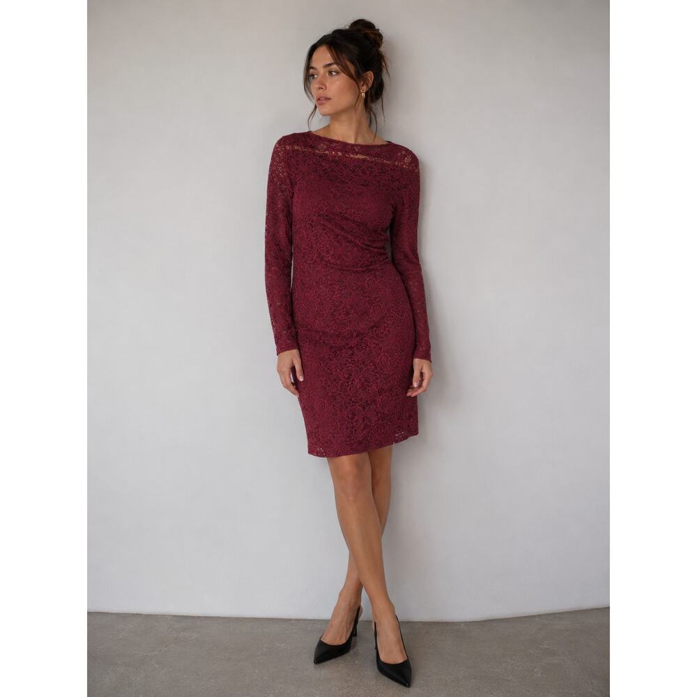Chaps Office Siren Pencil Dress Womens 6 Maroon Lace Classic Career Chic Luxury